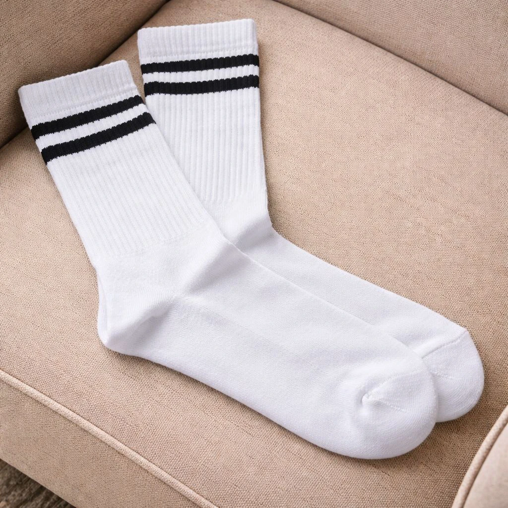 Baltos unisex kojinės su juostelėmis viršuje, pašiltintu padu